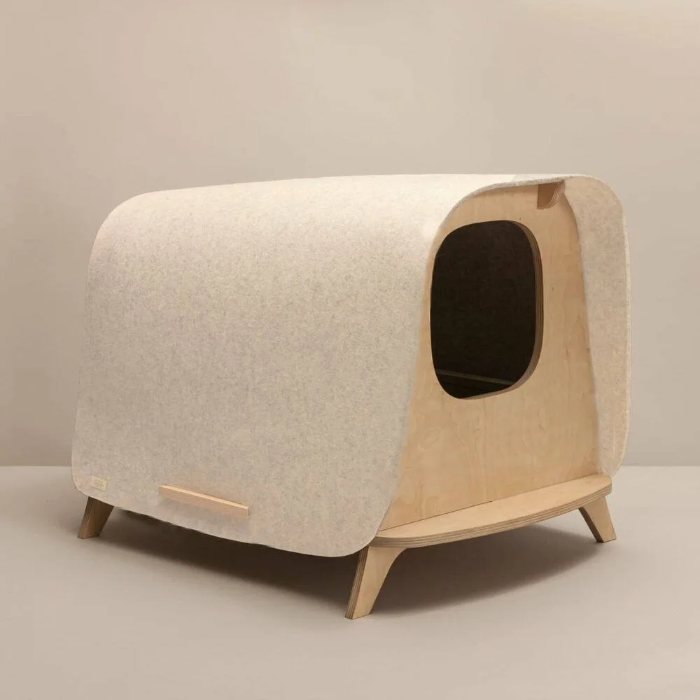 Felt-covered plywood cat hideaway with a rounded entrance