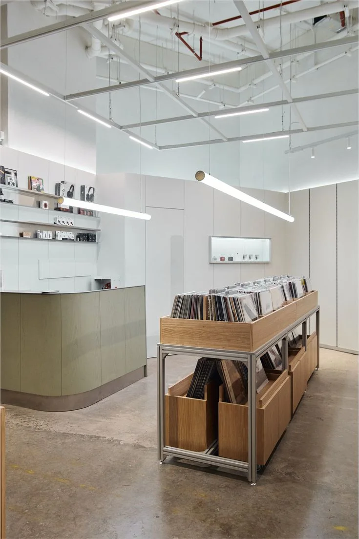 Vinyl records displayed in a modular wooden storage system