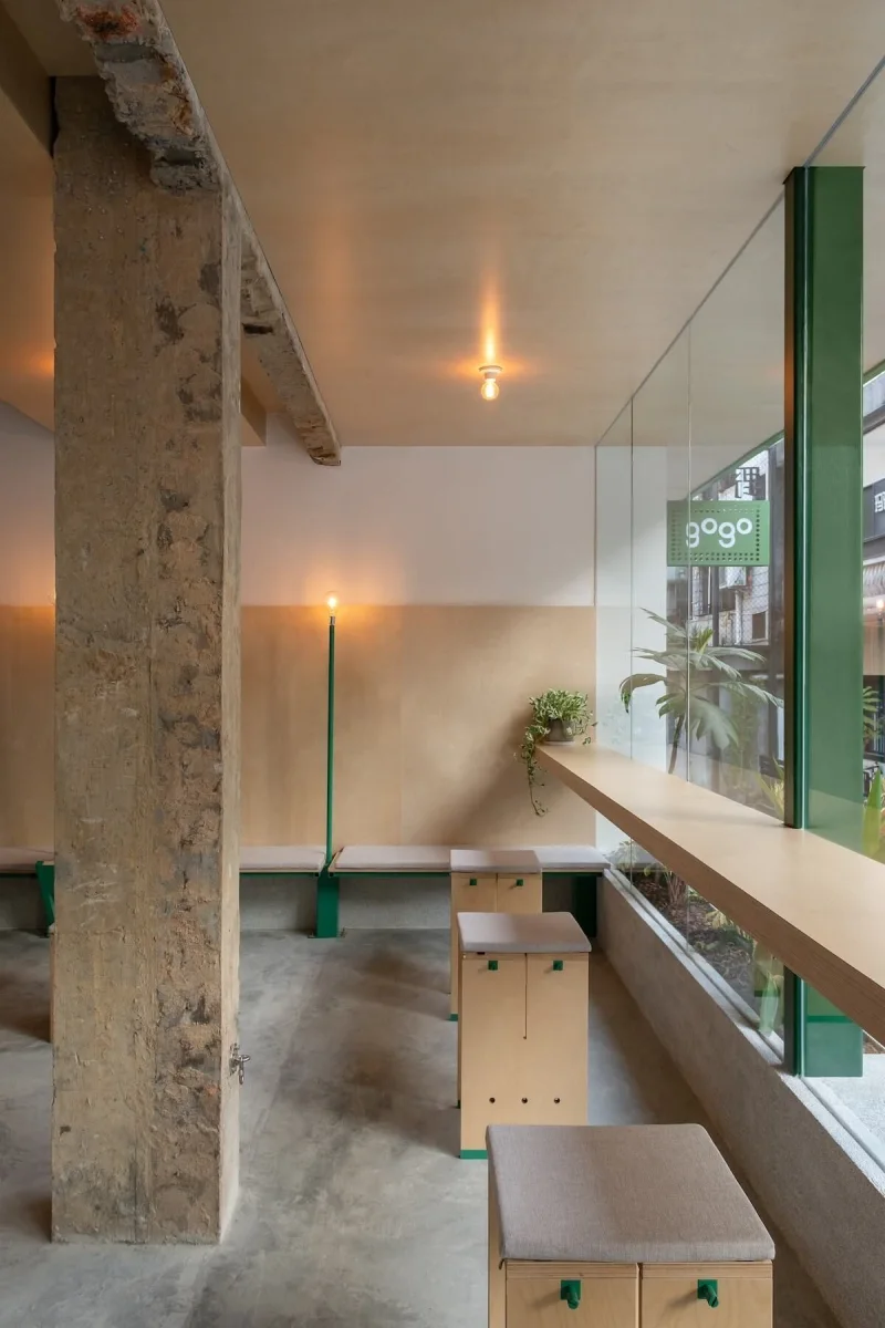 Cafe lounge with a window counter and built-in seating
