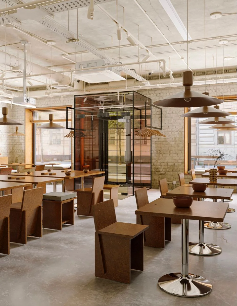 Restaurant interior with shared dining tables
